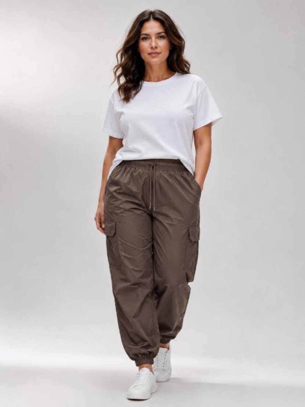 Good American Essential Cargo Joggers Mocha Brown Nylon Pants Size 2
